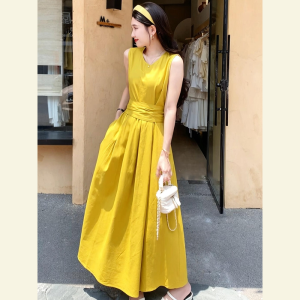 SHANGSHA | Noble Style Yellow Sleeveless Dress