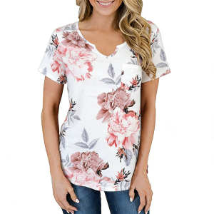 2026 New European & American Style Womens Spring Summer V-neck Short-sleeve Printed T-shirt - Soft Temperament Loose Casual