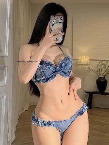 Quần Short Bikini Denim Xẻ Sâu Màu Xanh Lam Gợi Cảm Cạp Thấp Quần Short Đi Biển Mùa Hè Quần Short Denim Rách Rưới Cạp Chun