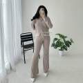 Deluna - Vior One Set Wanita - Setelan Atasan Kemeja Loose Oversize Lengan Panjang Dan Celana Cutbray Highwaist Bahan Knit Stretch Bawahan Kancing. 