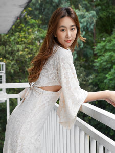 เซ็กซี่ ยาว ลูกไม้ เดรส งานแต่งงานริมชายหาด ชุดราตรี แม่บ้าน เดรส เสื้อคลุมเช้าสไตล์ญี่ปุ่นสําหรับผู้หญิง คอวี เอวสูง กระโปรงทรงเอ