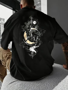Men Cotton T-Shirt with Gothic Back Print - White Black Gothic Lettering Mystical Raven Moon Design Breathable Summer Short
