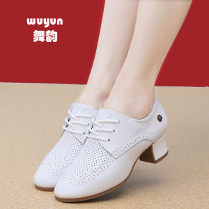 White Genuine Leather Dance Shoes Professional Latin Dance Shoes Soft Bottom mid High Heel Dancing Shoes for Ladies Square Dance