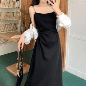 Spring 2025 French Style Black Strapless Slimming Long Dress Womens High Waist Poly Fiber No Sleeve Basic Style One Piece