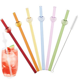 6pcs Reusable Glass Straw with Brush Multicolored Heart-shaped Straws Set Suitable for Milkshakes Juices Coffee Bar Accessories