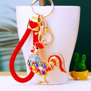 Elegant Crystal Color Diamond Rooster Car Keychain Womens Creative Cute Bag Pendant Keychain Circle Small Gift