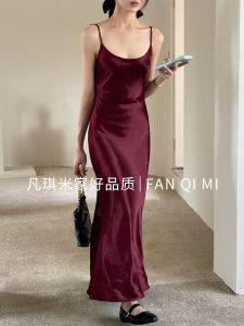 ชุดเดรสยาวทรงเอเอวสูงสีแดงเนื้อนุ่มหรูหรา แขนกุด กระโปรงทรงหางปลา คอวี ชุดทำงานสไตล์เกาหลี