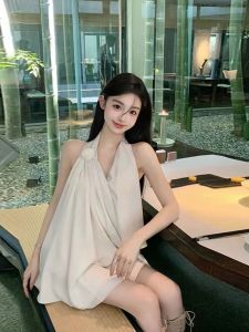 Thanh Lịch Treo Cổ Satin Bề Mặt Hở Vai Nữ Áo Mùa Hè Họa Tiết In Thời Trang Sành Điệu Hán Phục Dân Tộc Phụ Kiện Quần Áo Phong Cách