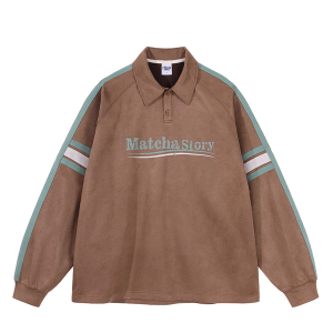 Vintage College Style Polo Neck Contrast Faux Suede Jacket