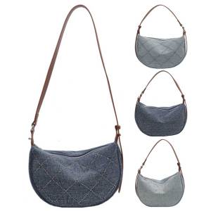 【NEW】 Denim Crescent Bag with Diamond Women Shoulder Bag Adjustable Strap Handbag Messenger Bag Travel Shopper Purse
