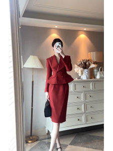 Strong Presence Red Suit Set High Waist A-Line Skirt Korean Style Commute Fashion plus Size Womens Clothing Ensemble