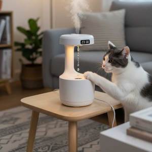 Lovinland Pet Cat Water Fountain Cool Mist Humidifiers Anti Gravity Water Drop 800ml Quiet Air Humidifier with Night Light and LED Clock Display Ultrasonic Humidifiers