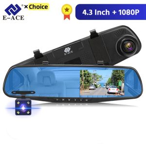 E-ACE Dashcam รถ Dvr 4.3 นิ้วกระจก FHD 1080P กล้องเสริมเลนส์คู่ DVR กระจกมองหลังกล้องแดชบอร์ดเครื่องบันทึกวิดีโออัตโนมัติ