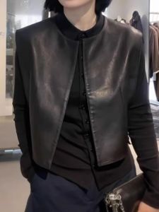 Brown Leather Jacket Short Cardigan Style Womens plus Size Spring Autumn Fitted Vest Top Quality Material Comfortable Fit