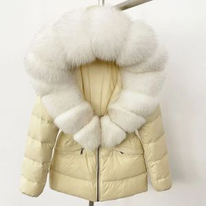 2024 Winter Women Hooded White Duck Down Coat Natural Real Raccoon Fox Fur Collar Jacket Belt Thick Warm Casual Outerwear