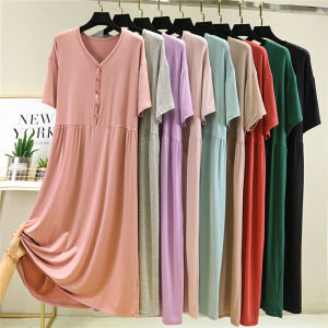 Modal Short-Sleeved Button Dress Womens Loose Slim Looking A- line Dress Plus Size Bottoming Skirt Summer Thin Nightdress