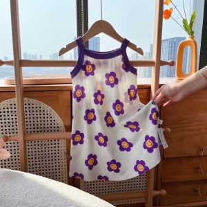 Girls Ice Silk Strap Dress Summer Casual Princess Skirt Street Style Childrens Dress Middle Large Childrens Sleepwear