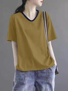Womens Cotton V-neck Short Sleeve T-shirt Summer New Loose plus Size Slimming Belly Covering Color Block Design Unique Top