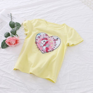 Áo Thun Cotton Trẻ Em Mùa Hè Có Viền Lấp Lánh Đổi Màu Tay Ngắn Phong Cách Mới Cho Bé Gái Từ 3-7 Tuổi Áo Thun Cotton Thoáng Khí