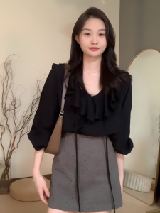 เสื้อเชิ้ตแขนยาวสีดำสไตล์ฝรั่งเศส ทรงหลวม แฟชั่นฤดูใบไม้ร่วง 2025 ใหม่ล่าสุด เสื้อเชิ้ตผู้หญิง ทรงหลวม แขนยาว แฟชั่น