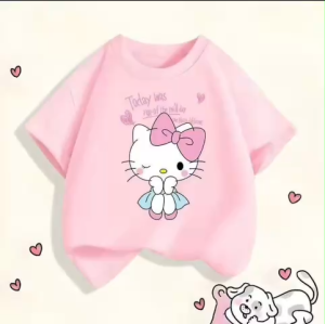 Áo Thun Cổ Tròn Tay Ngắn Cho Bé Gái Họa Tiết Hello Kitty Chất Liệu Mềm Mại Phong Cách Thời Trang