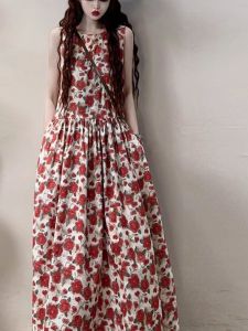 Váy Midi Chữ a Không Tay Cổ Tròn Màu Đỏ Hoa Hồng Ngọt Ngào Cổ Điển Pháp Cỡ Lớn Cho Nữ Mùa Hè