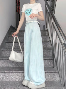 Blue Striped High Waist Wide Leg Casual Pants Womens Autumn Winter plus Size Pear Body Texture Sensation Trousers