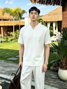 OUMULONG | Elegant and Mature Sense Men T-shirt White Short Sleeve