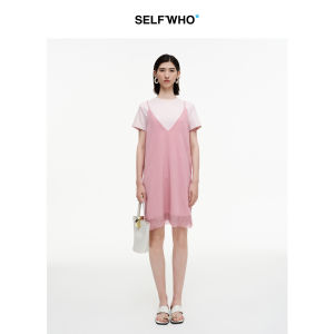 Lace Splicing V-Neck Strap Dress Acetate Blend