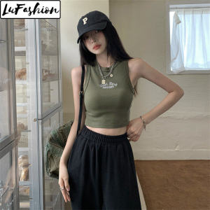 LuFashion Singlet Women Korean Style Camisole Vest Print High Waist Sleeveless Crop Tops
