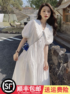Romantic Sweetened Doll Collar Dress Womens Summer Miniature French Vintage White Dress High Waist A-Line Skirt Short Sleeve