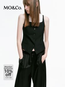 MO&Co. | New Collection Wide Collar Waist Cinched Black Patchwork Vest