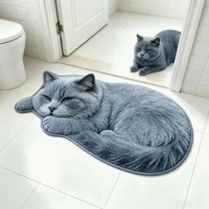 VIKAMA British Shorthair Cat-Shaped Rug Cute Blue Plush Cat Mat Absorbent and Non-Slip Bathroom Decorative Rug Home Decor