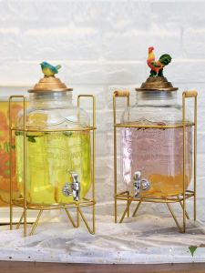 5L Rooster Elephant Lid Glass Self-Service Beverage Bottle Juice Can Beverage Dispenser with Tap Vintage Style Square Storage Jar