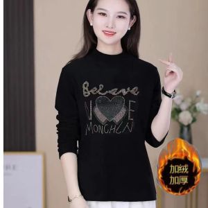 เสื้อยืดคอกลมแขนยาวผู้หญิง ทรงสลิมฟิต แฟชั่นฤดูหนาว 2024 เสื้อเชิ้ตคอกลมแบบลำลอง สีดำ ประดับเพชร ความหนาปกติ