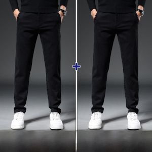 ROMON | Lormen Mens Casual Straight Leg Pants Business Style Elastic Waist Black Color Spring Autumn Fashion City Life Slim Fit Trousers