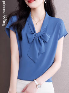 WANGGONGZHU | Princess Style Butterfly Knot Loose Chiffon Shirt Womens Summer Fashionable Elegant Top V-Neck Short Sleeve Straight Cut