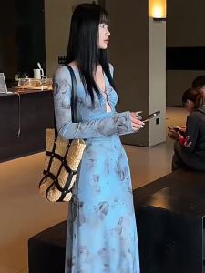 Luxury French Lace Flower Print Long Dress