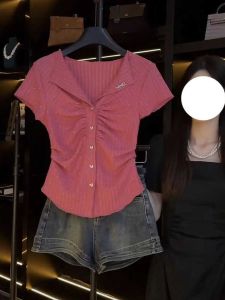 plus Size Summer T-Shirt Turn-down Collar Short Sleeve V-neck Belly Cover Design Beautiful Korean Style Slim Fit Plain Shirt