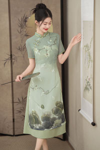 Elegant New Chinese Style National Trend Ao Dai Qipao Dress Light Green No Slit Long Sleeve Short Sleeve Daily Wear Polyester Fiber