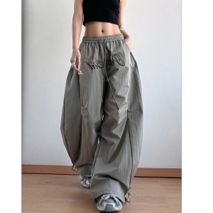 High Waist Loose Fit Drop-Crotch Pants with Embroidered American Letter Design for Men And Women Casual Street Style Polyester Fiber
