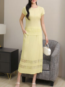 Sunya 1. Miyake Womens Casual Loose Fit Two-Piece Set - Pleated Round Neck Pullover & Hollow-Out Skirt Breezy Summer Outfits#20254012