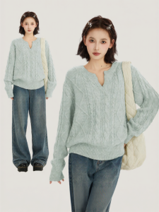 BAIDAIFEI | Áo Sweater Cổ V Dệt Cable Dày cho Mùa Đông