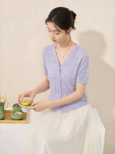 XIANGYING | Shoulder Knitted V-neck Short Sleeve Purple Summer New Womens Cardigan