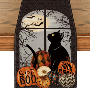 VIKAMA Black Cat Pumpkin Halloween Table Runner Trick-or-Treat Seasonal Kitchen Table Decoration Home Party Decorations