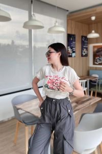 🌈MesubShop🌈เสื้อครอปแขนสั้ั้น คอกลม แต่งเชือกผูกข้าง 🧽 สกรีนลายน่ารักสุด รุ่น กระดิ่ง B-033-2-A