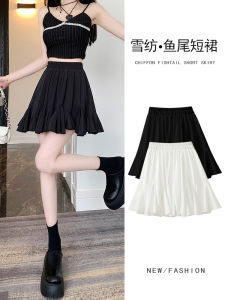 Váy Chữ a Cạp Cao Bằng Vải Chiffon Màu Đen Mùa Hè 2024 Cho Nữ Váy Ngắn Xếp Ly Dài Đuôi Cá Mỏng Váy Ngắn Váy Ngắn