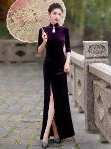 Elegant Long Velvet Qipao Dress with Fish Tail And Seven Sleeve for Women New Style Fashion Show off Shoulder Waterdrop Collar