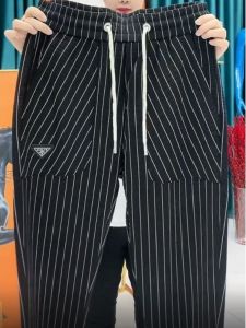 กางเกงขายาวทรงตรงผ้ายืดสำหรับผู้ชาย ทรงสลิมฟิต ระบายอากาศได้ดี ทรงบาง สไตล์ลำลอง ฤดูร้อน 2025 กางเกงขายาวลายทาง