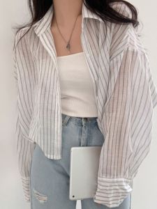 Summer Chic Striped Shirt Womens Thin Long Sleeve Sun Protection Loose Fit Short Length Button up Polo Neck Korean Style Top